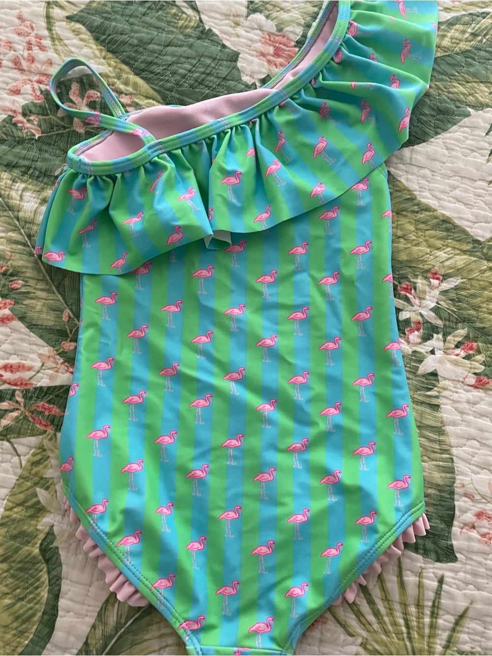 Neon One Shoulder One Piece Swimsuit for Girls by RuffleButts. Size 7 - Picture 8 of 9